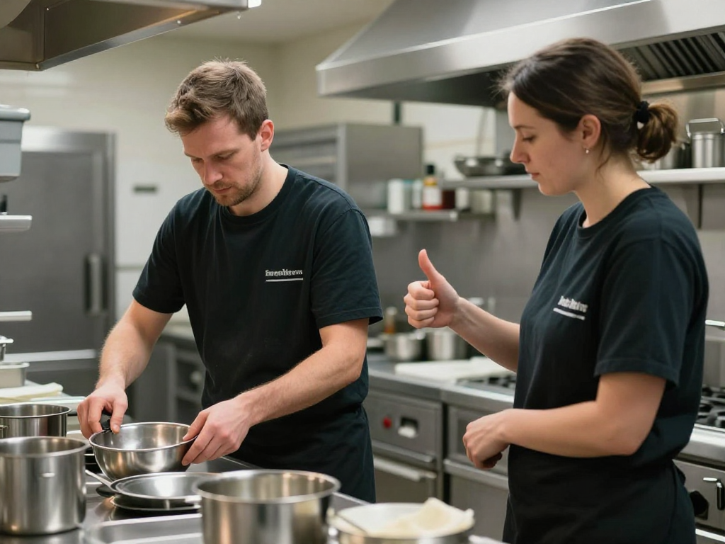 Night-shift kitchen porter working beside a supportive supervisor